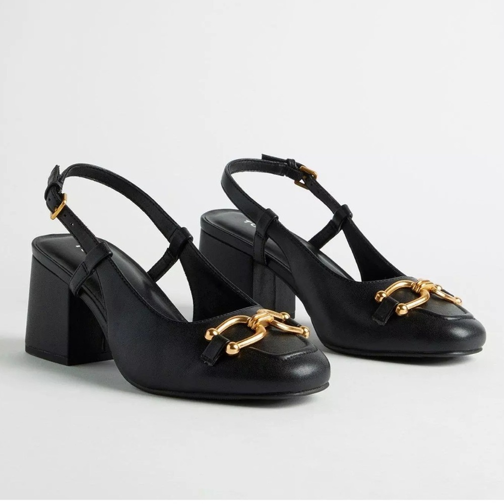 torrid Black Slingback Block Heel Pumps with Gold Horsebit